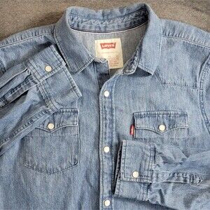 Levis Shirt Boys Youth XL 13-15 Years Blue Denim Red Tab Western Pearl Snap